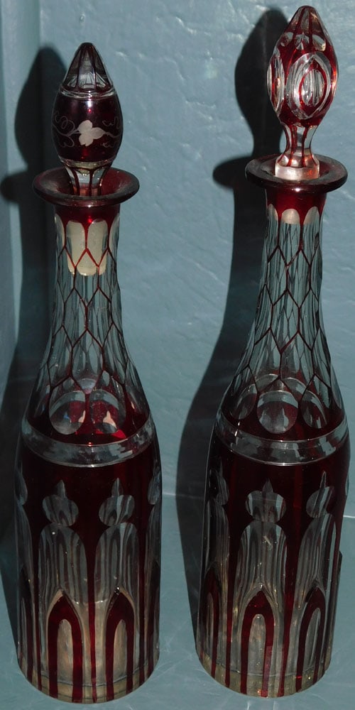 Pair of Antique Bohemian Ruby Cut to Clear Decanters (1 of 3)