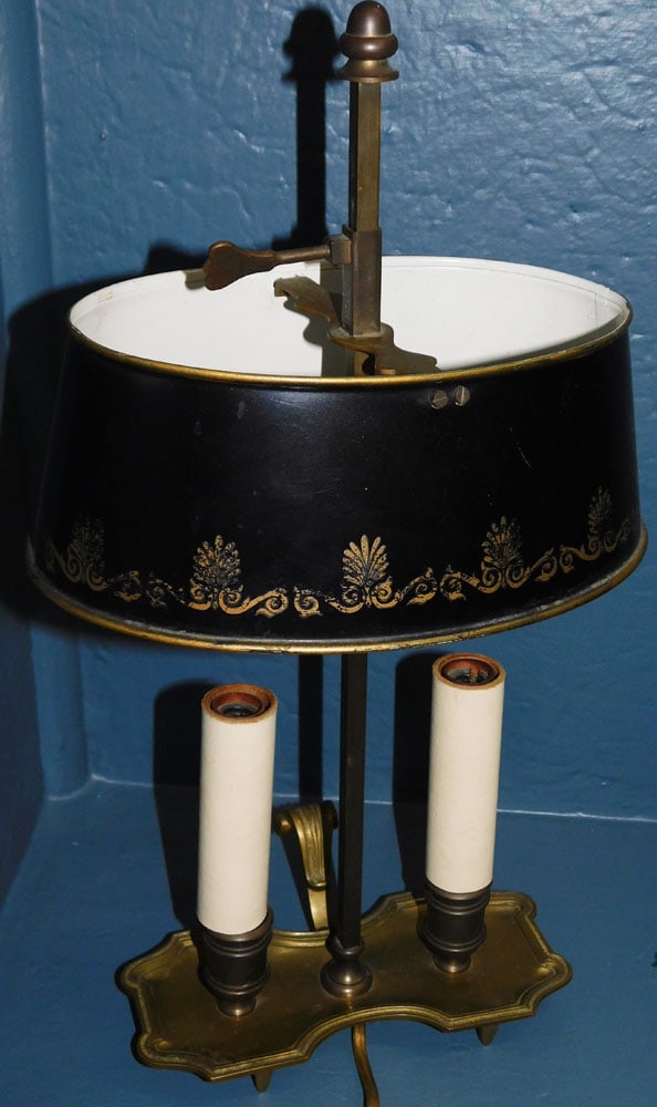 Antique French Brass 2 Light Bouillotte Lamp with Black Tole Shade (1 of 5)
