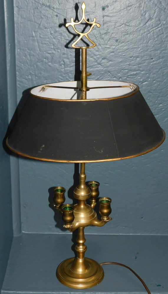 Antique French Brass 2 Light Bouillotte Lamp with Black Tole Shade (1 of 3)