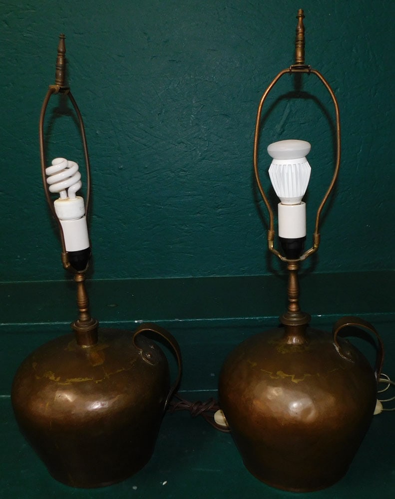 Pair of Antique Hammered Copper Jugs Made Into Lamps (1 of 5)
