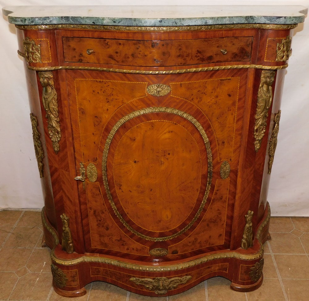 Burl Walnut & Rosewood Inlaid French Marble Top Credenza with Ormolu (1 of 11)
