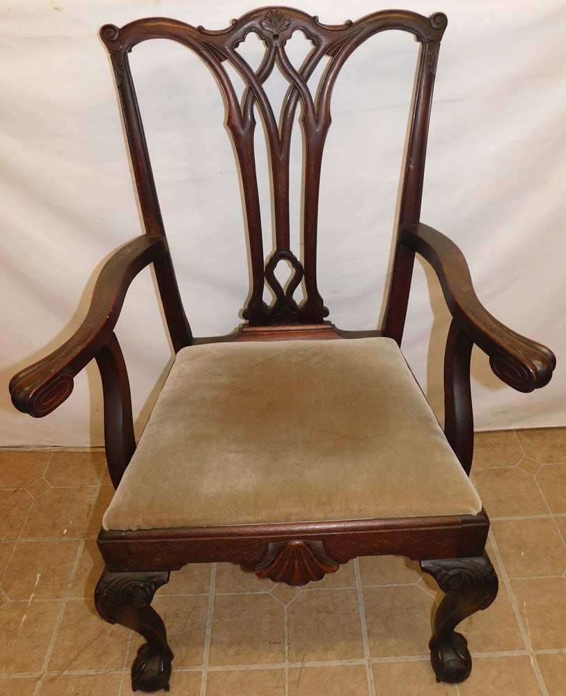 Antique Carved Mahogany Chippendale Arm Chair with Ball & Claw Feet: Antique Carved Mahogany Chippendale Arm Chair with Ball & Claw Feet . 40 1/2" H "ALL DESCRIPTIONS AND ANY CONDITION STATEMENT GIVEN BY LANGSTON AUCTION GALLERY ARE STRICTLY OPINIONS AND LANGSTON'S SHA