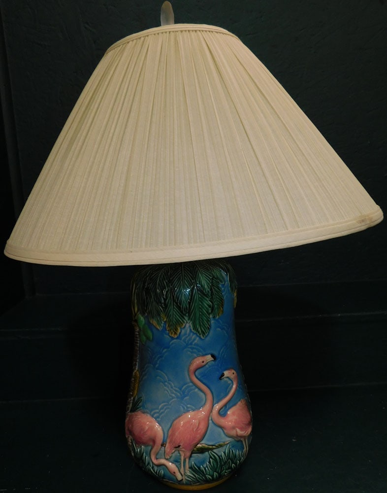 Majolica Lamp with Flamingo Motif: Majolica Lamp with Flamingo Motif . 24 1/2" H "ALL DESCRIPTIONS AND ANY CONDITION STATEMENT GIVEN BY LANGSTON AUCTION GALLERY ARE STRICTLY OPINIONS AND LANGSTON'S SHALL HAVE NO RESPONSIBILITY FOR ERRO
