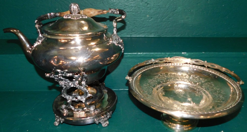 Silverplated Water Kettle on Stand & Silverplated Basket (1 of 4)