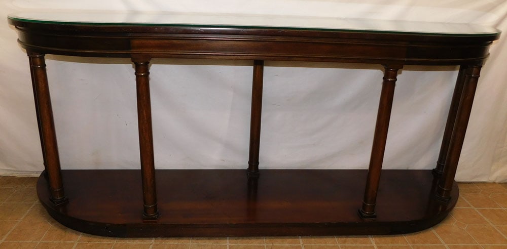 Oversized Mahogany Glass Top Console: Oversized Mahogany Glass Top Console. 84" W 20 1/4" D 33 3/4" H "ALL DESCRIPTIONS AND ANY CONDITION STATEMENT GIVEN BY LANGSTON AUCTION GALLERY ARE STRICTLY OPINIONS AND LANGSTON'S SHALL HAVE NO RESPO