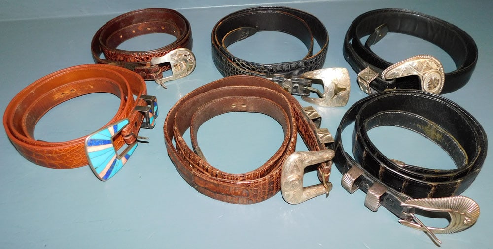 6 Leather Ladies Belts with Sterling Buckles: 6 Leather Ladies Belts with Sterling Buckles . "ALL DESCRIPTIONS AND ANY CONDITION STATEMENT GIVEN BY LANGSTON AUCTION GALLERY ARE STRICTLY OPINIONS AND LANGSTON'S SHALL HAVE NO RESPONSIBILITY FOR ERR