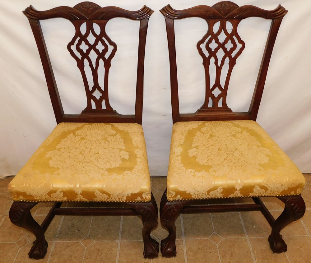 Pair of Carved Mahogany Chippendale Style Side Chairs with Ball & Claw Feet: Pair of Carved Mahogany Chippendale Style Side Chairs with Ball & Claw Feet. 38" H "ALL DESCRIPTIONS AND ANY CONDITION STATEMENT GIVEN BY LANGSTON AUCTION GALLERY ARE STRICTLY OPINIONS AND LANGSTON'S 