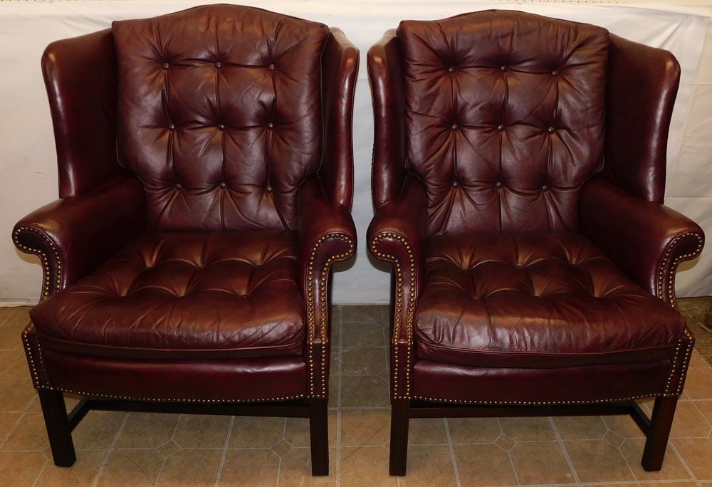 Pair of Burgandy Leather Wing Back Chairs by Classic (1 of 9)