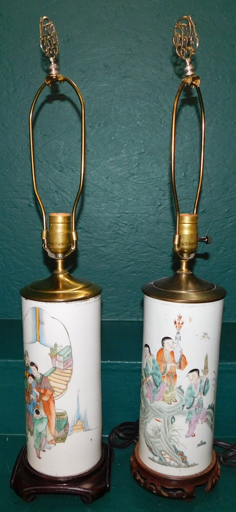 Pair of Oriental Porcelain Brush Vases Made Into Lamps, (1 As Is) (1 of 4)