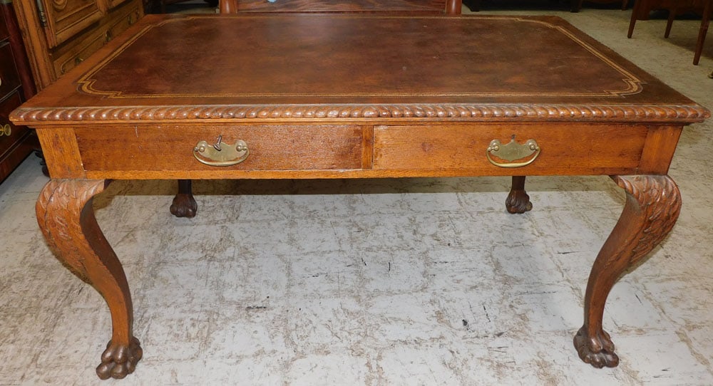 Carved Oak 2 Drawer Tooled Leather Top Desk with Claw Feet (1 of 6)