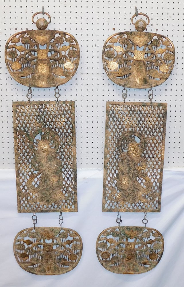 Pair of Painted Decorative 3 Part Oriental Metal Wall Hangings (1 of 4)