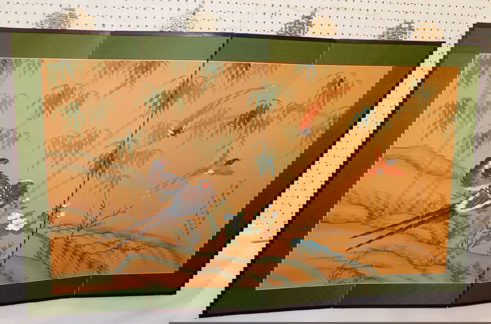 4 Panel Hanging Watercolor Oriental Screen with Quail & Phesant Motif Signed with Character Marks (1 of 5)