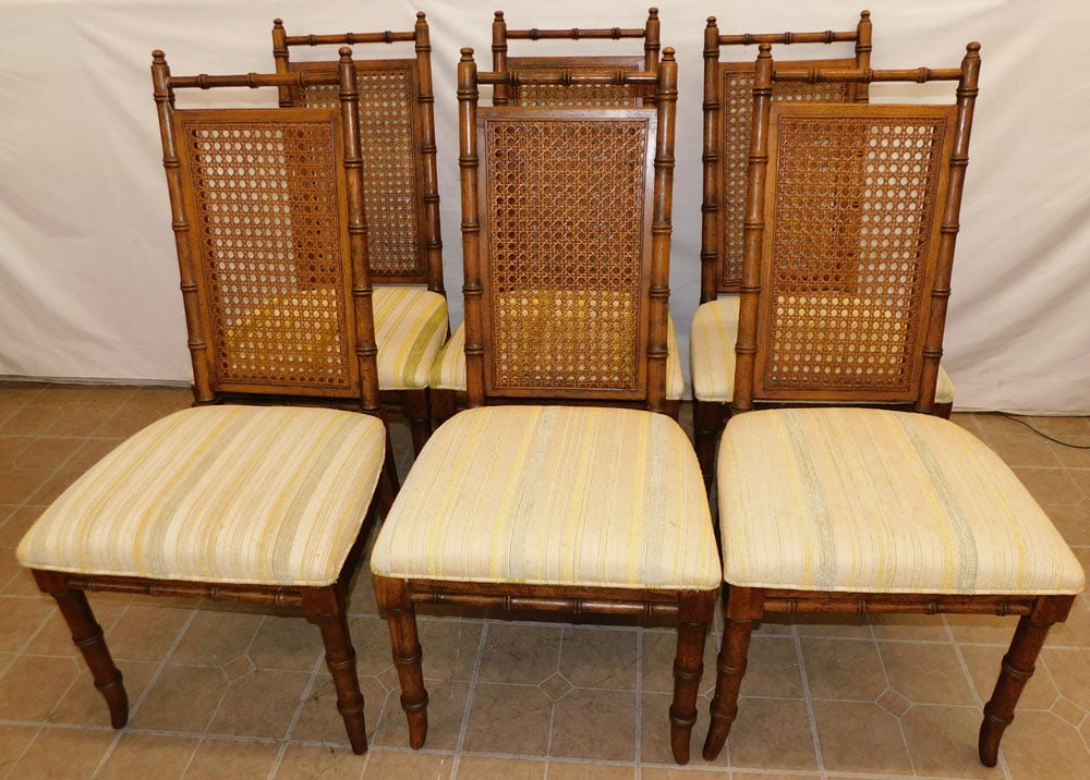 Set of 6 Mid Century Walnut Faux Bamboo Cane Back Dining Chairs by American Furniture (1 of 6)