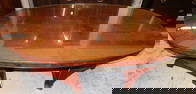 Biedermeier Style Burl Walnut Oval 2 Pedestal Dining Table with Glass Top