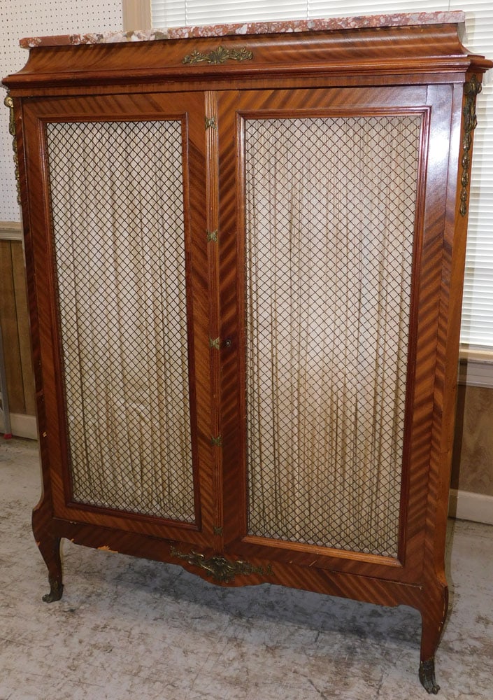 Louis XV Mahogany Marble Top 2 Door Cabinet with Wire Mesh Doors & Bronze Mounts (1 of 10)