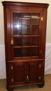 Cherry 12 Pane Glass Door Corner Cabinet by Henkel Harris: Cherry 12 Pane Glass Door Corner Cabinet by Henkel Harris . 43 1/2" W 23" D 83 3/4" H "ALL DESCRIPTIONS AND ANY CONDITION STATEMENT GIVEN BY LANGSTON AUCTION GALLERY ARE STRICTLY OPINIONS AND LANGSTON