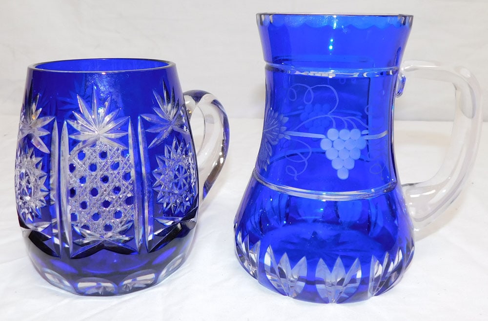 2 Cut to Clear Cobalt Blue Mugs, (1 Signed Val St Lambert) (1 of 4)
