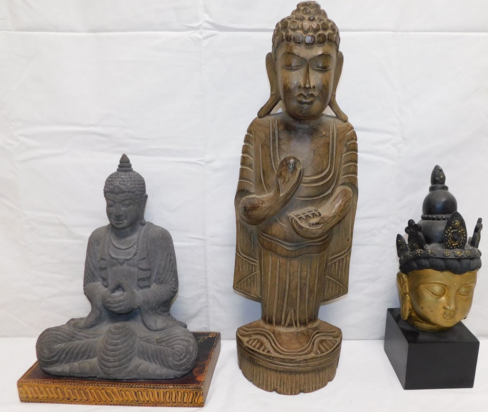 Carved Wood Buddha, Painted Metal Buddha, & Ceramic Buddha: Carved Wood Buddha, Painted Metal Buddha, & Ceramic Buddha. Up to 19" H "ALL DESCRIPTIONS AND ANY CONDITION STATEMENT GIVEN BY LANGSTON AUCTION GALLERY ARE STRICTLY OPINIONS AND LANGSTON'S SHALL HAVE 