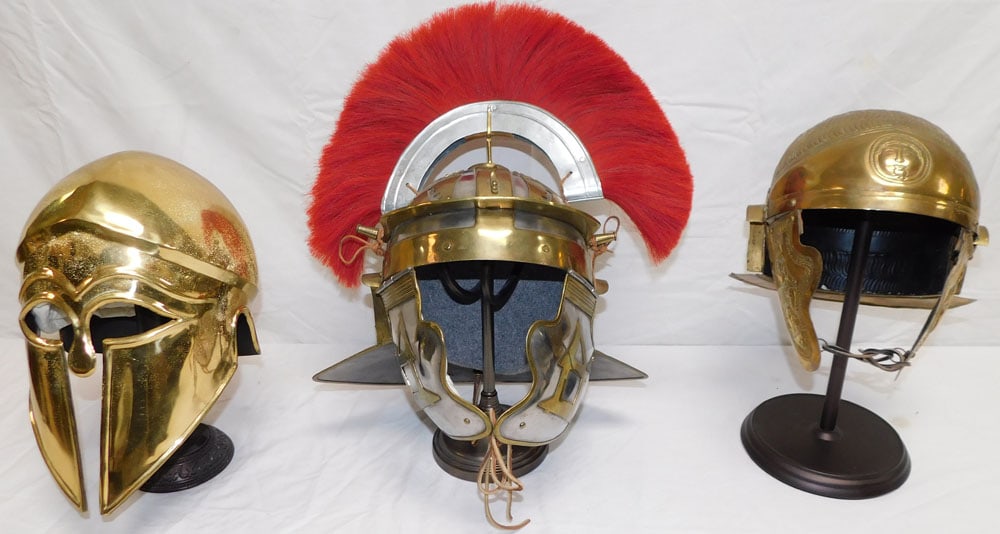 3 Decorative Medieval Helmets on Stands, (2 Brass) (1 of 11)