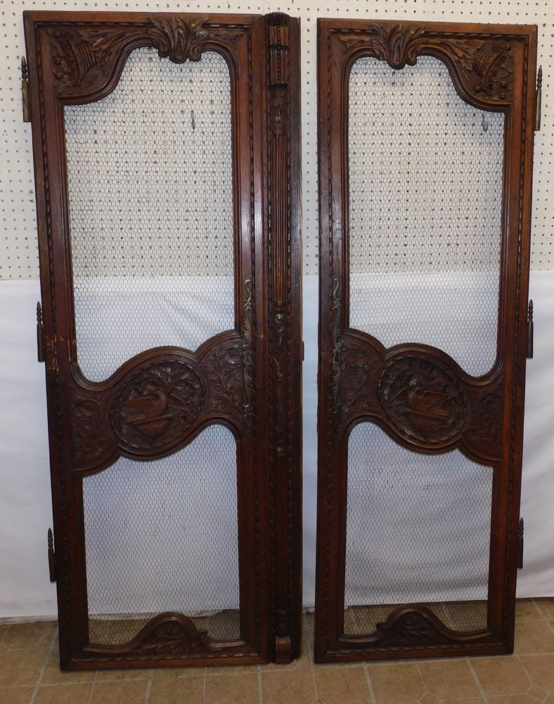 Pair of Antique Carved Oak Doors with Wire Mesh Panels (1 of 6)