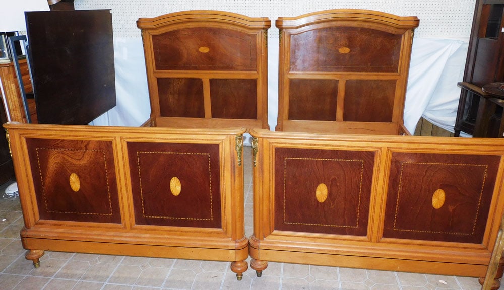 Pair of French Inlaid Bronze Mounted Walnut Single Beds with Bolts & Rails (1 of 7)