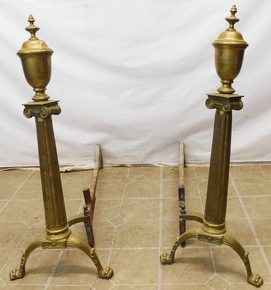 Pair of Antique Corinthian Column Brass Andirons (1 of 3)