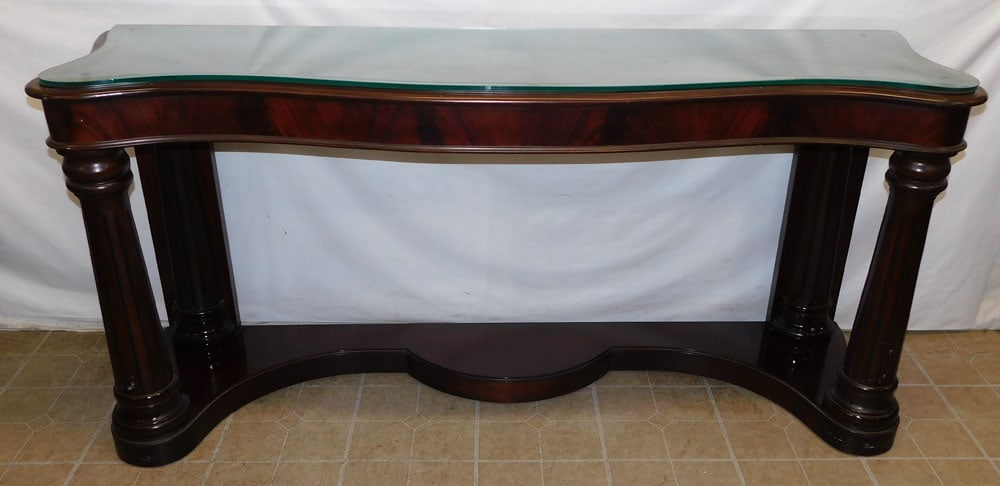 Mahogany Fluted Column Glass Top Console: Mahogany Fluted Column Glass Top Console . 73 1/2" W 19 3/4" D 35" H "ALL DESCRIPTIONS AND ANY CONDITION STATEMENT GIVEN BY LANGSTON AUCTION GALLERY ARE STRICTLY OPINIONS AND LANGSTON'S SHALL HAVE NO 