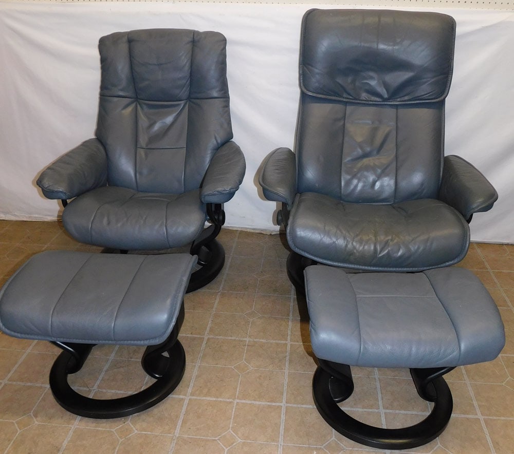 Pair of Mid Century Modern Leather Recliners with Ottomans, (Stressless by Ekornes) (1 of 4)