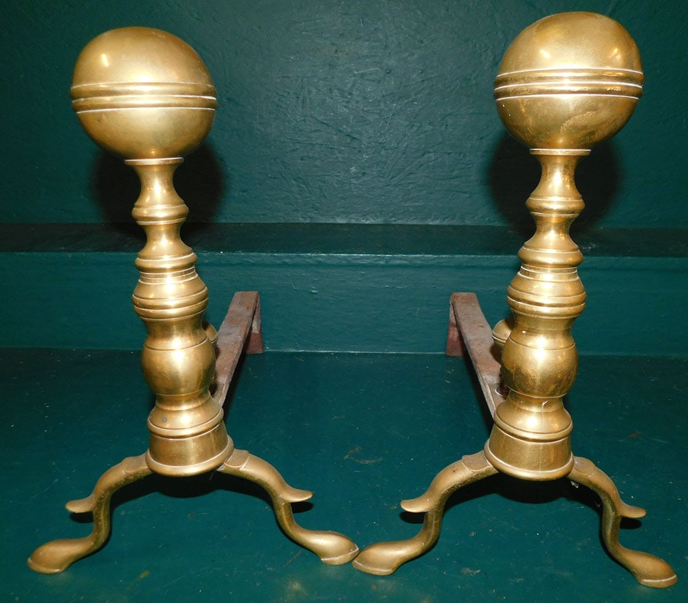 Pair of 19th Century Brass Cannonball Andirons (1 of 2)