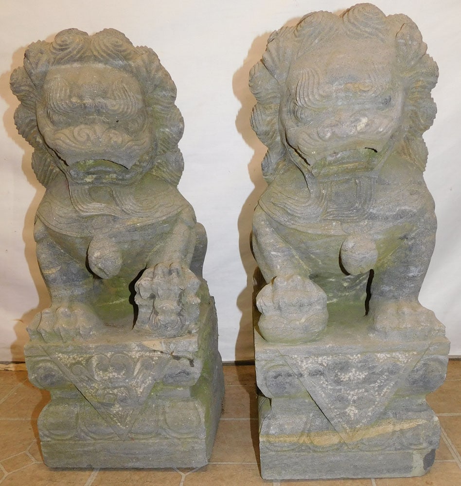 Pair of Carved Stone Yard Foo Dogs (1 Needs Restoration) (1 of 5)