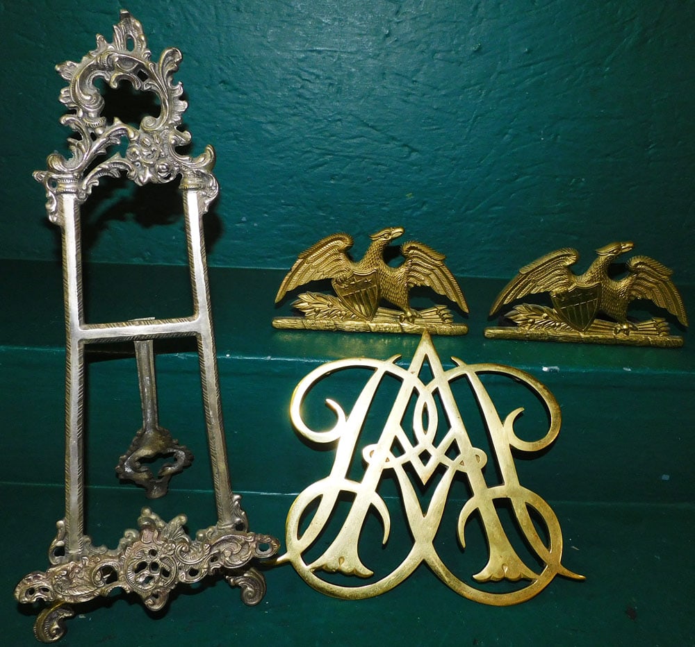 VA Metalcrafters Brass Trivet, Silverplated Easel, & Pair of Brass Plated Eagle Bookends (1 of 4)
