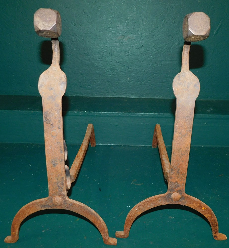 Pair of Antique Wrought Iron Andirons: Pair of Antique Wrought Iron Andirons. 19 1/4" H "ALL DESCRIPTIONS AND ANY CONDITION STATEMENT GIVEN BY LANGSTON AUCTION GALLERY ARE STRICTLY OPINIONS AND LANGSTON'S SHALL HAVE NO RESPONSIBILITY FOR E