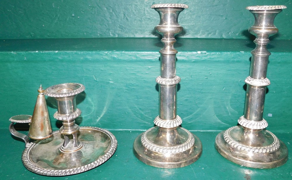 3 Sheffield Candlesticks: 3 Sheffield Candlesticks. Up to 8 3/4" H "ALL DESCRIPTIONS AND ANY CONDITION STATEMENT GIVEN BY LANGSTON AUCTION GALLERY ARE STRICTLY OPINIONS AND LANGSTON'S SHALL HAVE NO RESPONSIBILITY FOR ERRORS OR