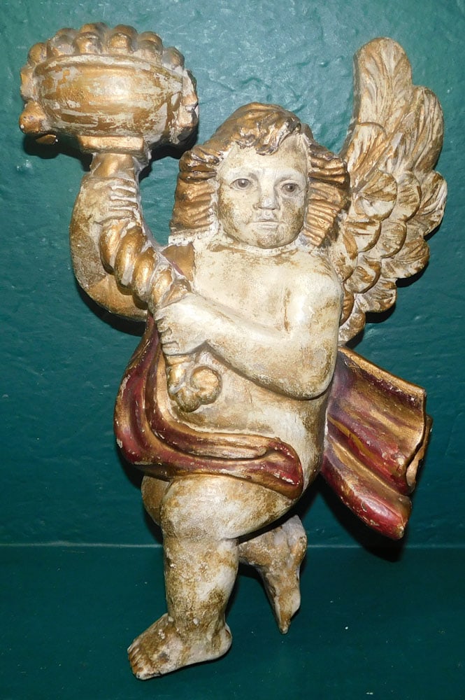 Painted Carved Wood Cherub Wall Plaque (1 of 2)