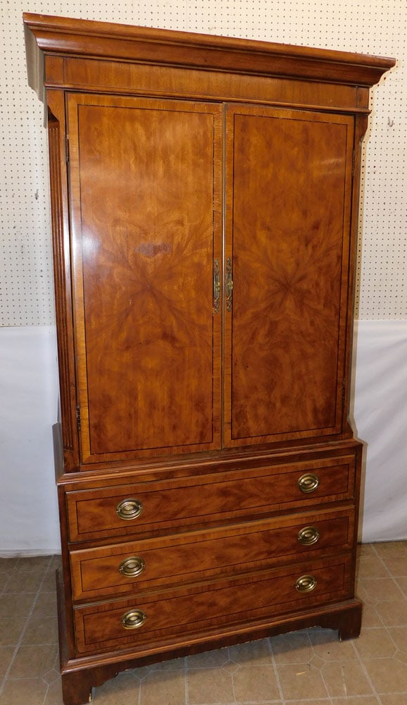 Mahogany & Satin Wood Banded Cabinet by Drexel: Mahogany & Satin Wood Banded Cabinet by Drexel. 42 1/4" W 22 1/4" D 78 1/4" H "ALL DESCRIPTIONS AND ANY CONDITION STATEMENT GIVEN BY LANGSTON AUCTION GALLERY ARE STRICTLY OPINIONS AND LANGSTON'S SHALL
