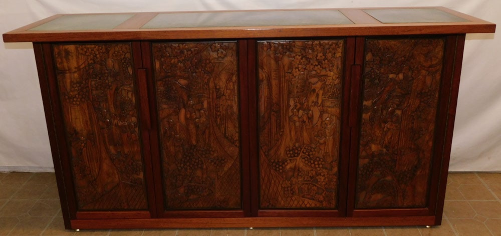 Carved High Relief Oriental Teakwood Bar with Green Marble Top (1 of 9)