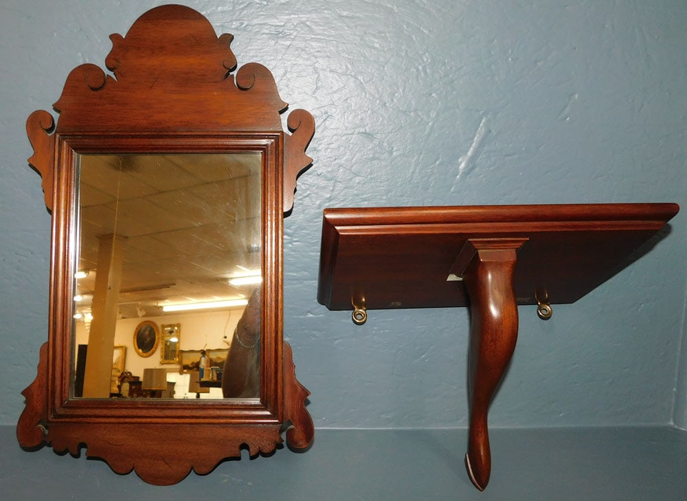 Mahogany Chippendale Style Mirror with Wall Bracket by Henkel Harris: Mahogany Chippendale Style Mirror with Wall Bracket by Henkel Harris. Mirror: 12 1/4" x 20" "ALL DESCRIPTIONS AND ANY CONDITION STATEMENT GIVEN BY LANGSTON AUCTION GALLERY ARE STRICTLY OPINIONS AND LA