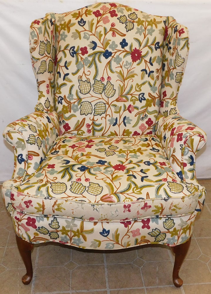 Crewel Work Upholstered Queen Anne Style Wing Back Chair (1 of 4)