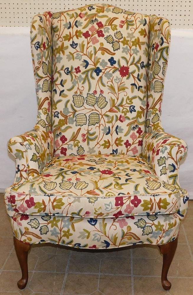 Crewel Work Upholstered Queen Anne Style Wing Back Chair (1 of 4)