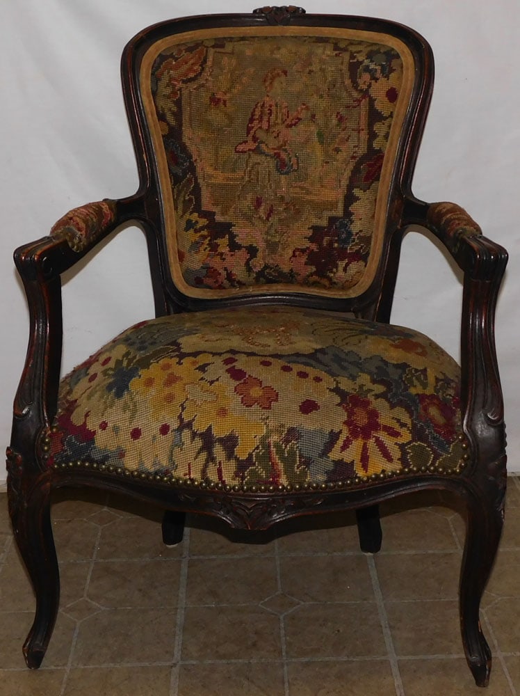 Antique Walnut Louis XV Fauteuil with Needlework Upholstery: Antique Walnut Louis XV Fauteuil with Needlework Upholstery. 34 1/4" H "ALL DESCRIPTIONS AND ANY CONDITION STATEMENT GIVEN BY LANGSTON AUCTION GALLERY ARE STRICTLY OPINIONS AND LANGSTON'S SHALL HAVE N