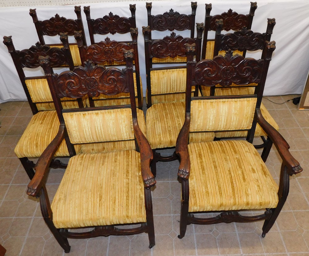 Set of 10 Carved Quartersawn Oak Dining Chairs with Lion Heads (1 of 8)