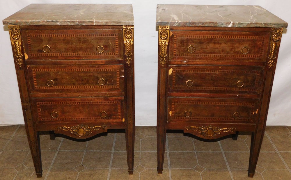 Pair of French Inlaid Marble Top & Bronze Ormolu 3 Drawer Night Stands (1 of 7)