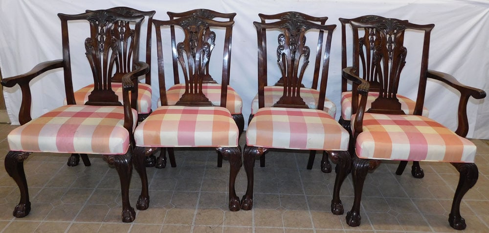 Set of 8 Carved Mahogany Ball & Claw Foot Dining Chairs: Set of 8 Carved Mahogany Ball & Claw Foot Dining Chairs . 37 1/2" H "ALL DESCRIPTIONS AND ANY CONDITION STATEMENT GIVEN BY LANGSTON AUCTION GALLERY ARE STRICTLY OPINIONS AND LANGSTON'S SHALL HAVE NO R