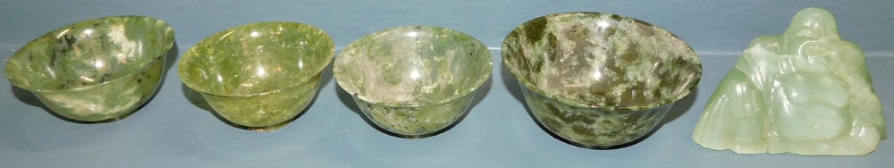 4 Chinese Spinach Jade Bowls & Carved Stone Buddha (1 of 5)
