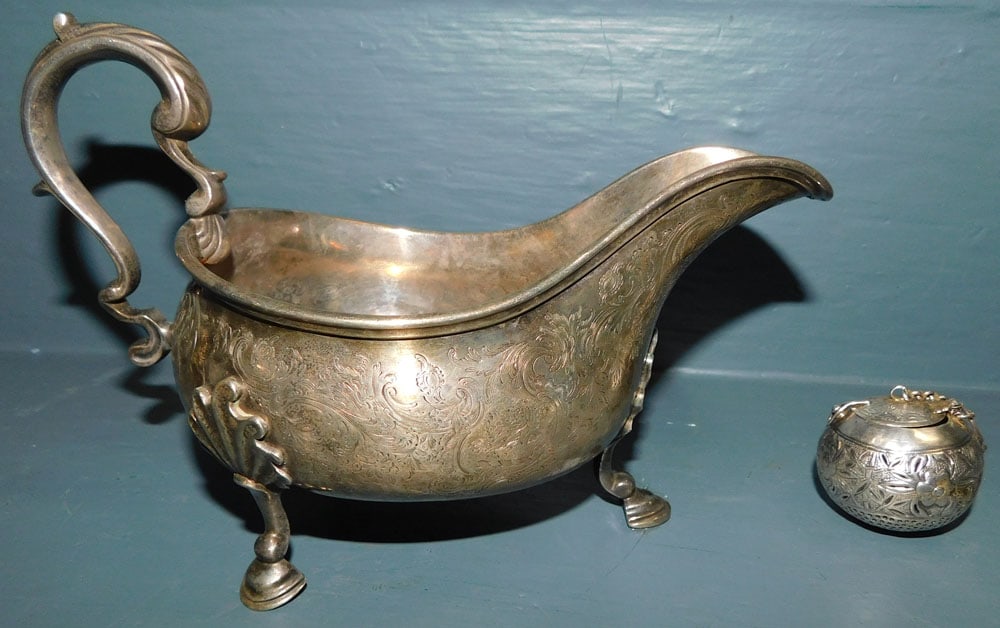 Sterling English Hallmarked Gravy Boat & Chinese Tea Bag Strainer (12.3 T.O.) (1 of 4)