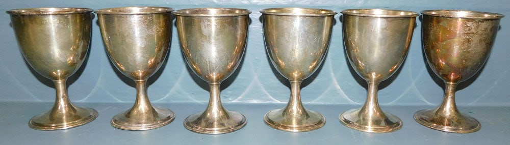 6 Sterling Goblets Signed Wer, (20.5 T.O.): 6 Sterling Goblets Signed Wer, (20.5 T.O.). 5 1/4" H "ALL DESCRIPTIONS AND ANY CONDITION STATEMENT GIVEN BY LANGSTON AUCTION GALLERY ARE STRICTLY OPINIONS AND LANGSTON'S SHALL HAVE NO RESPONSIBILITY F