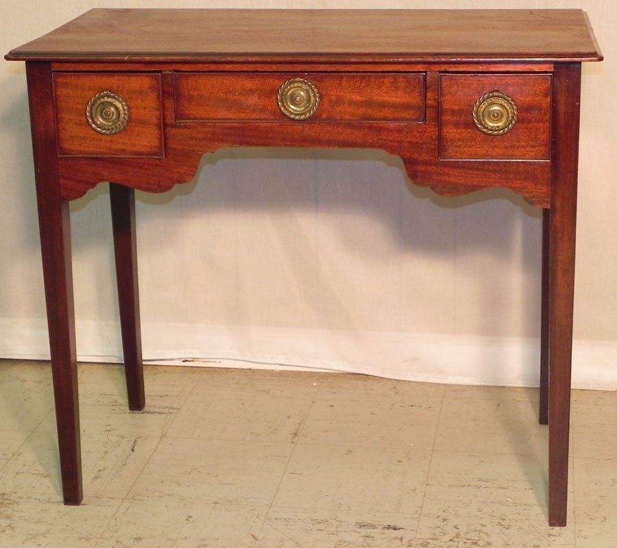 18th c. mahogany tapered leg HW low boy: 18th century mahogany tapered leg Hepplewhite low boy with original brasses. 32 1/2" wide x 17 1/4" deep x 27 1/2" tall.