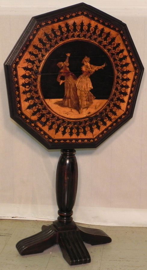 Marquetry Inlaid tilt top tea table.: Marquetry inlaid tilt top tea table with two ladies dancing. Needs some restoration.