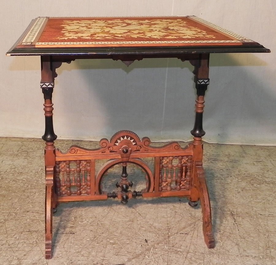 Victorian needlepoing table/fire screen: Ivory or bone and mother of pearl inlaid cherry Victorian needlepoint table/fire screen.