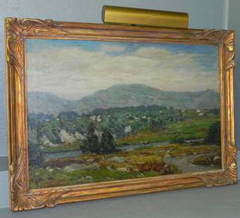 OOC of mountain & river scene. "L.H. Meakins".: Oil on canvas of mountain and river scene. Signed "L.H. Meakins". 41 3/8" x 28 3/8"